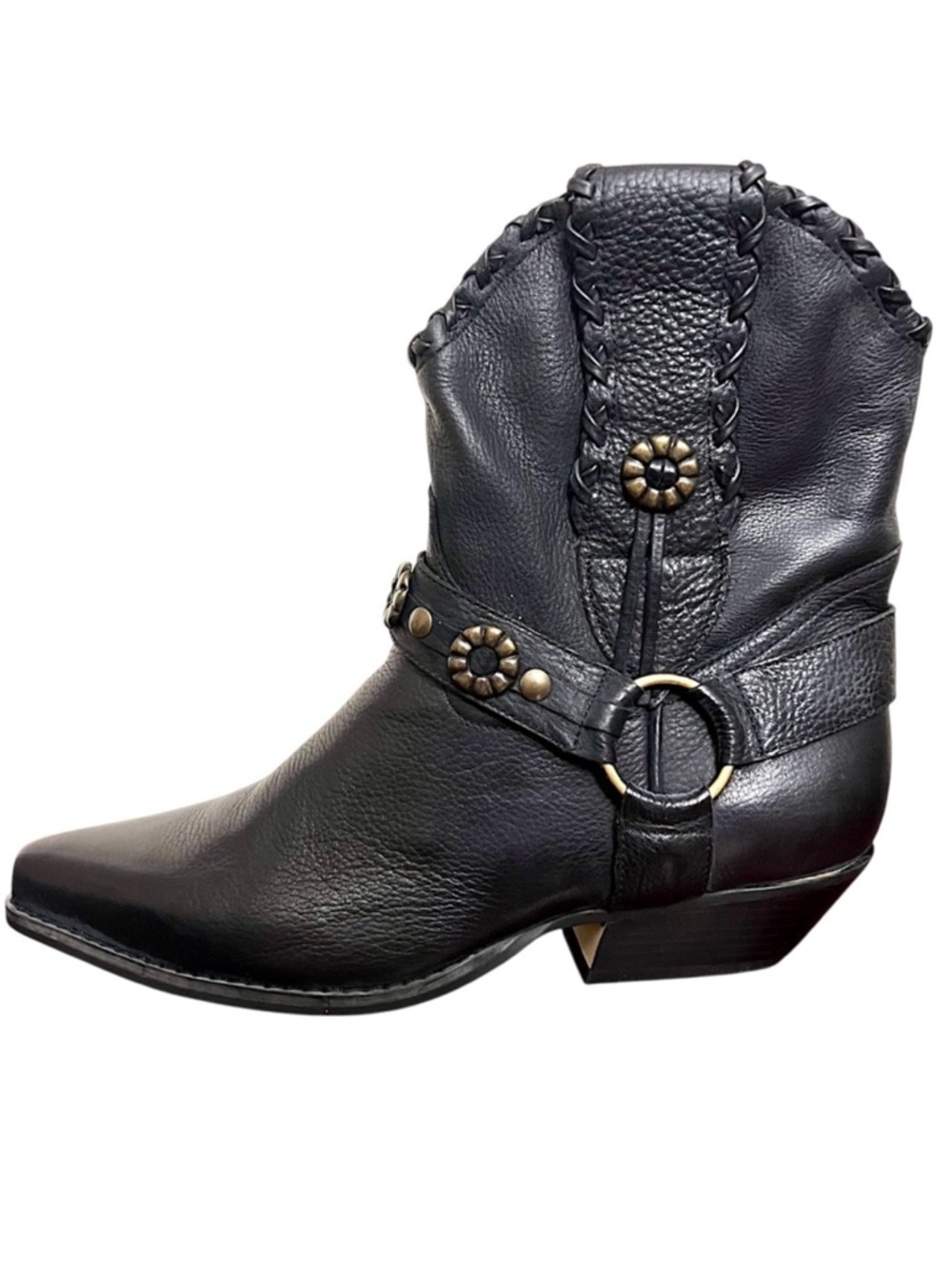 Vintage Nine West country western boots with harness black leather block heel 6